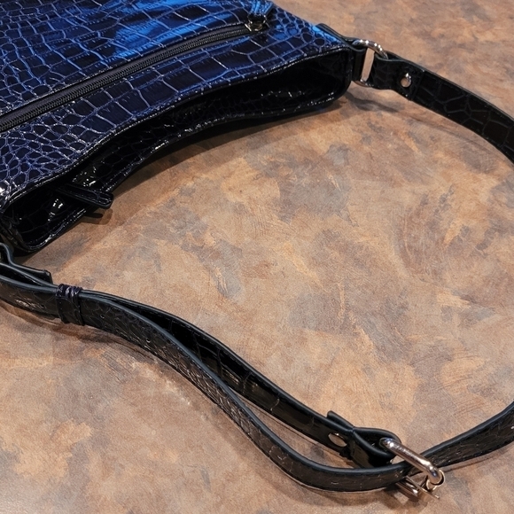 JESSICA Faux Patent Leather Bag, Dark Blue Croc Pattern, Adjustable Strap - Picture 13 of 16